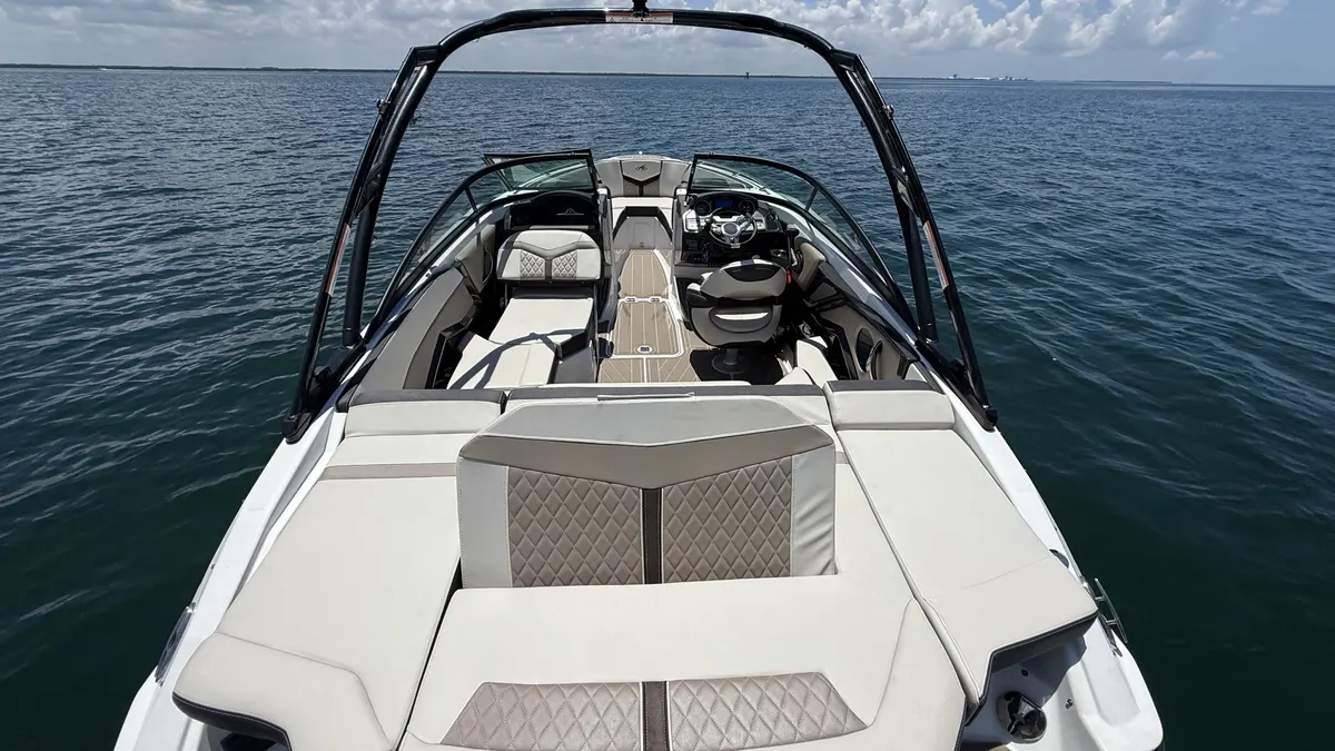 The shaded stern seating and cockpit of the Monterey 215 SS on Tampa Bay