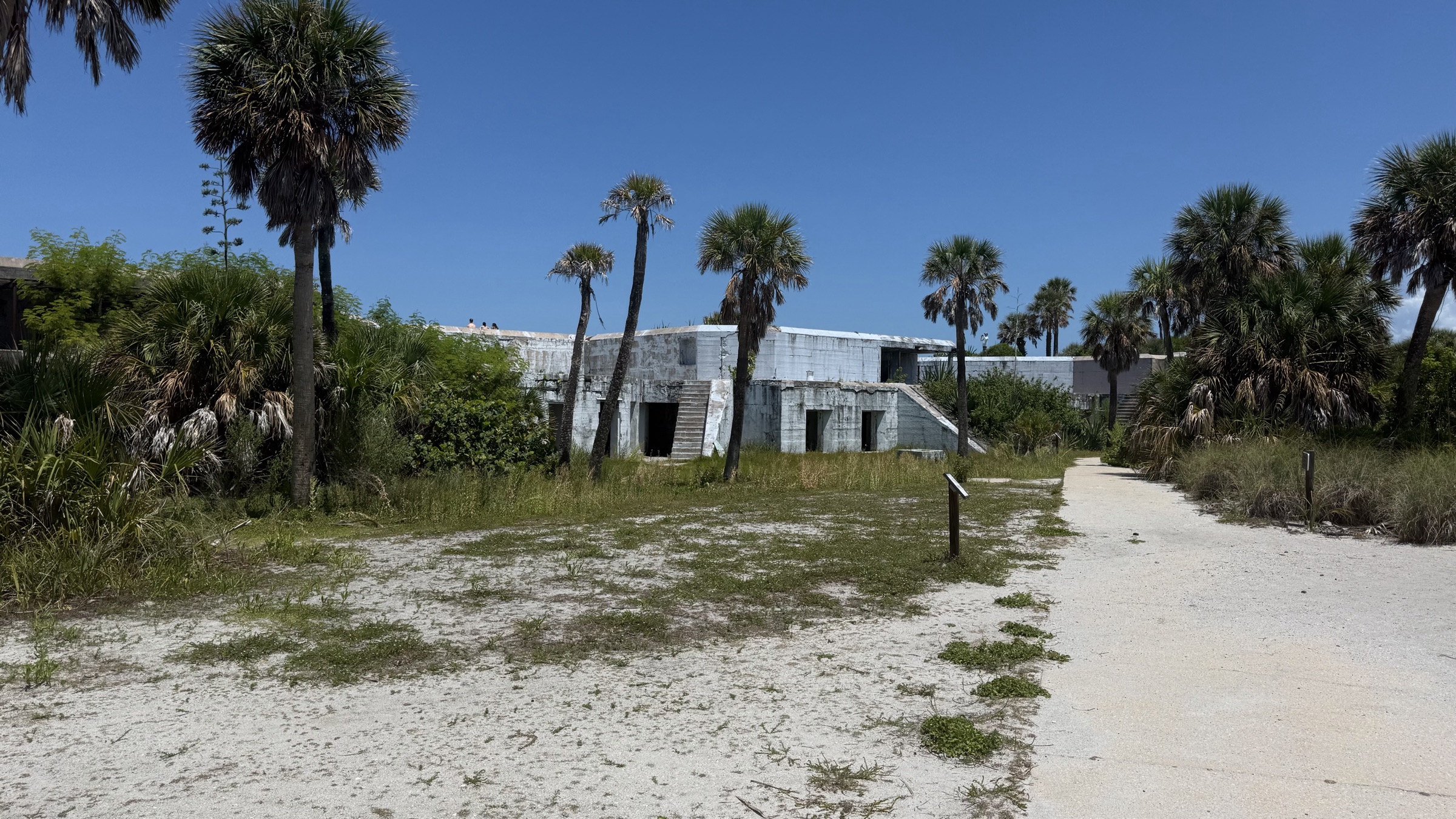 The concrete gun-battery ruins of Fort Dade among palms on Egmont Key, Tampa Bay