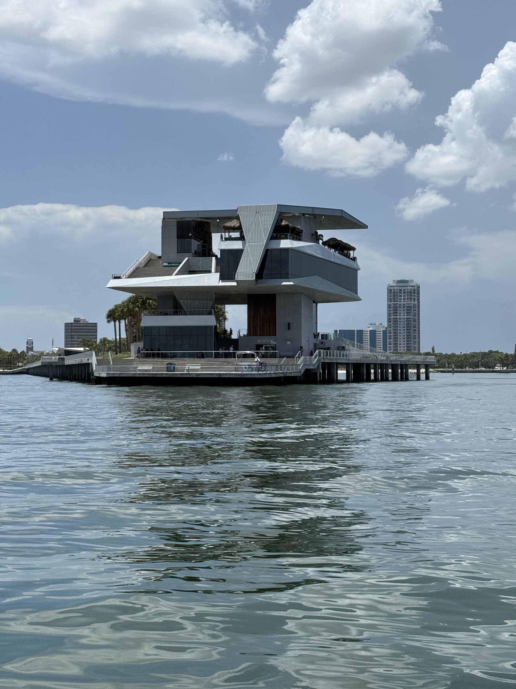 The St. Pete Pier and downtown St. Petersburg skyline seen from a boat on Tampa Bay